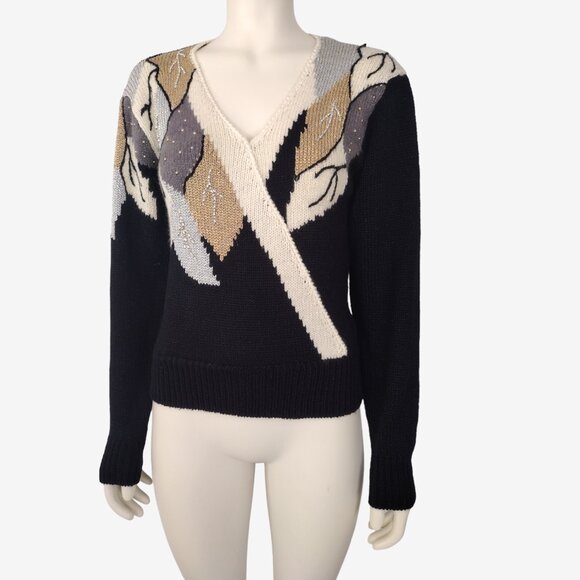 Vintage 90s Gold Silver Metallic Leaf Pattern Acrylic Knit Beaded Sweater - Picture 3 of 10